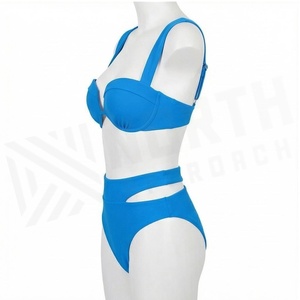 ชุดบิกินี่แบบ Bandeau สีฟ้าล้วนสำหรับผู้หญิง กางเกงเอวสูงแบบ Cut-Out ชุดว่ายน้ำสองชิ้น ผ้าเนื้อยืด - Product Image 3