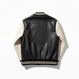 Chaqueta Varsity de Cuero Genuino Negro para Hombre, Diseño con Parche Bordado de León, Cuello Alto, Cierre de Cremallera, Estilo Casual - Product Image 2