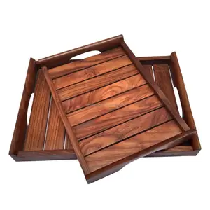 Bulk Supplier Wooden Handmade Rectangular Shape Serving Tray Set Of 2 For Tea Coffee Snacks Kitchen And Dining Table