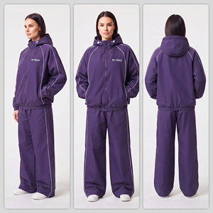 Chaqueta cortavientos con capucha para mujer, conjunto deportivo ligero de corte holgado, chaqueta con capucha y pantalón impermeable 2 en 1 de nailon oversize - Product Image 5