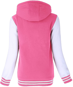 Veste universitaire à capuche pour femme, rose et blanc, à blocs de couleur, manches longues, fermeture éclair, respirante, style preppy, en laine/polyester, manteau d'hiver - Product Image 2