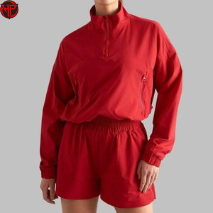 Red Women Windbreaker Shorts Set <b>Cropped</b> <b>Zip</b> <b>Up</b> Jacket and Athletic Shorts 2 Piece Sportswear Lounge Outfit - Product Image 2