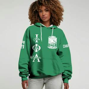 Sweat à capuche personnalisé de la sororité Iota Phi Lambda, vert émeraude, lettres grecques sur le devant, écusson et année au dos, style pull-over - Product Image 1
