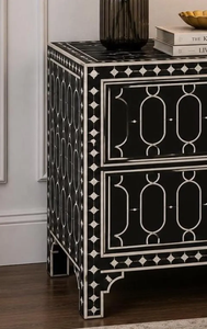 Table de chevet en os noir incrusté |   Table de chevet géométrique à 2 tiroirs |   Table de chevet de luxe par B H Brothers - Product Image 3