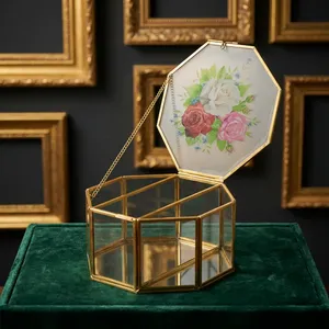 Geometric Glass Necklace Jewelry Box with Floral <b>Mirror</b> Lid Gold Frame Cosmetic Storage Organizer Decorative <b>Octagonal</b> Design - Product Image 4