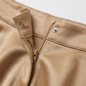 Women's High Waist A Line Faux Leather <b>Skirt</b> Shiny Solid Tan <b>Knee</b> <b>Length</b> Midi <b>Skirt</b> - Product Image 4