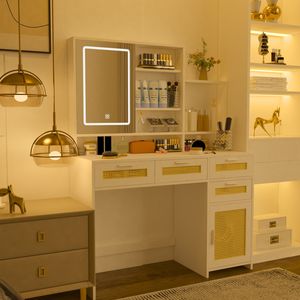 Table de maquillage avec miroir ouvrable, éclairage LED 3 couleurs, 4 tiroirs et 1 étagère, bureau de maquillage pratique - Product Image 4