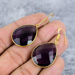 Neel Gem Stone Purple Amethyst 925 <b>Sterling</b> <b>Silver</b> Gold Plated Handmade Pear-Shaped Bezel Hook Earrings for Women - Product Image 3