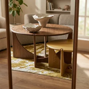 Modern Round Wood Coffee <b>Table</b> <b>Nesting</b> Minimalist Living Room Furniture - Product Image 3
