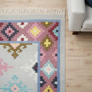 Tapis Kilim en Laine Fait Main, Motif Abstrait Moderne, Tissage Plat Écologique avec Franges, Décoration pour Salon et Chambre - Product Image 3