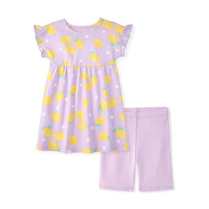 Ensemble 2 pièces décontracté en coton doux pour bébé et petite fille : Robe à manches courtes et short cycliste – Tenue d'automne pour la maison – Personnalisable OEM - Product Image 1
