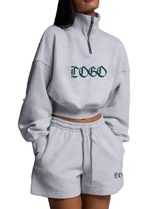 Women's 2 Piece Fleece <b>Shorts</b> <b>Set</b> Embroidered Logo Crop <b>Top</b> <b>And</b> Above Knee <b>Shorts</b> Casual Spring Summer Wear - Product Image 4