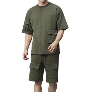 2026 เสื้อยืดคาร์โก้สีเขียวสำหรับผู้ชายดีไซน์ใหม่และกางเกงขาสั้นมีกระเป๋าชุดสองชิ้นชุดลำลองสไตล์สตรีทแวร์ขนาดใหญ่คุณภาพสูง - Product Image 5