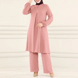 Ropa Musulmana para Mujer, Abaya Sólida con Cuello Redondo y Lentejuelas, Camisa de Manga Larga y Traje Musulmán Informal a la Moda con Pantalones Largos - Product Image 1