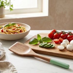 Spatule en bois de teck massif de qualité alimentaire FSC avec manche vert menthe, ustensile de cuisine écologique, spatule en bois antiadhésive - Product Image 6
