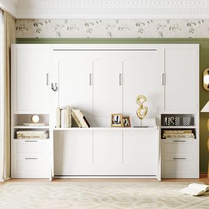 Letto a scomparsa matrimoniale con armadio, cassetti e mensole, colore bianco, include letto a parete (Vecchio SKU LP000909AAK 1) - Product Image 1