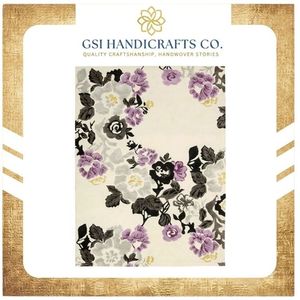 Tapis rectangulaire à motif floral en laine et polyester, avec envers antidérapant en caoutchouc, style classique, pour salon, à poils ras et épaisseur moyenne - Product Image 2