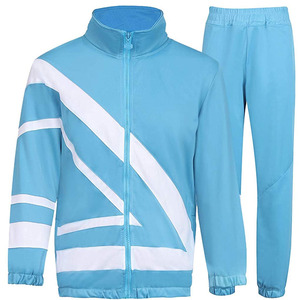 Survêtement unisexe bleu clair, fermeture éclair intégrale, col montant, design sportif, motif color block, matière polyester respirante, adulte - Product Image 1
