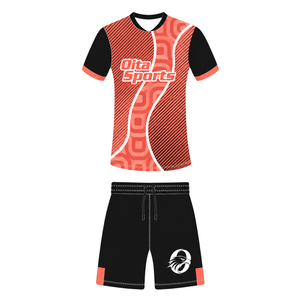 Conjunto de Camiseta y Pantalones Cortos de Rugby Rojo Coral y Negro, Cuello en V, Diseño Geométrico, Uniforme de Equipo Personalizado, Transpirable, para Entrenamiento Deportivo - Product Image 1