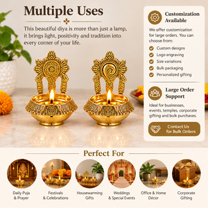 Set of 2 Handcrafted Engraved Brass Diya <b>Lamps</b> Traditional Carved Backrest <b>Oil</b> <b>Lamp</b> Indian Temple Puja <b>Oil</b> <b>Burner</b> Decor - Product Image 3