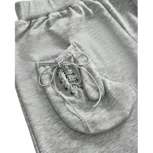 Pantalon de jogging gris pour femme, taille haute, coupe ample et large, avec poches et cordon de serrage, style streetwear décontracté, personnalisable, vente en gros - Product Image 3