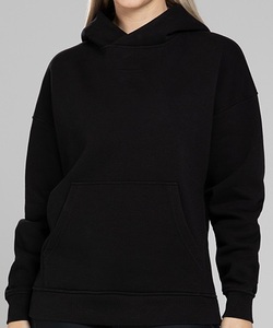 Sweat à capuche oversize noir pour femme 100 % coton 500 GSM super peigné bio-délavé pré-rétréci avec ourlet côtelé Derby, style décontracté long pour l'hiver - Product Image 1