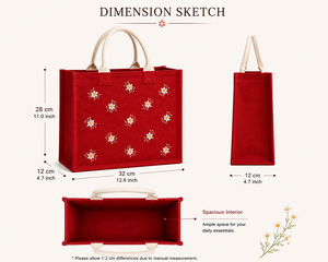 Red Floral Embroidery Jute Shopping <b>Bag</b> <b>Medium</b> <b>Size</b> Top Handle Daily Use - Product Image 2