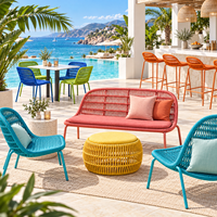 Meubles d'extérieur colorés roses personnalisables, table de bar extérieure en aluminium avec structure en corde tressée empilable, avec tabourets