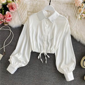 Blusa de Satén Morado para Mujer, Manga Larga, Corte Recortado, Cuello con Lazo, Tejida, Informal - Product Image 3