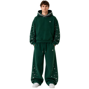 Chándal de algodón polar brillante de gran tamaño para hombre, estilo urbano, con pedrería, sudaderas con capucha personalizadas, ajuste holgado, venta al por mayor. - Product Image 4