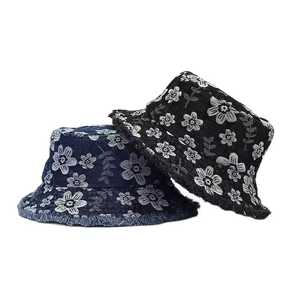 Unisex Floral Denim Bucket Hat Cotton <b>Yarn</b> Hand Embroidery Washed Casual Spring Summer Adult 56-58CM - Product Image 1