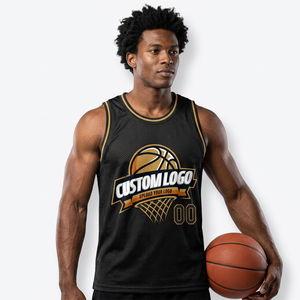 Maillot de basket-ball personnalisé sublimé noir et or, sans manches, col rond, unisexe, adulte, respirant, avec logo personnalisé imprimé sur le devant - Product Image 4