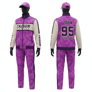 Chándal de Entrenamiento de Hockey sobre Hielo para Mujer, Tela de Poliéster de Alto Rendimiento de 320 GSM, Paneles con Diseño de Camuflaje Morado, Mangas Color Crema, Logotipo Personalizado - Product Image 1