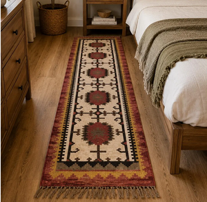 Tapis de couloir en laine et jute tissé à la main, rouge, ivoire, noir, motif géométrique tribal, kilim, bohème, style sud-ouest, avec franges, sur mesure - Product Image 1