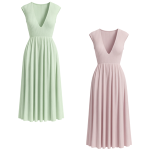 Robe midi droite à manches courtes en tricot côtelé pour femmes, élégante, décontractée, à porter en été, en nylon - Product Image 1