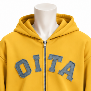 Mustard Mens <b>Full</b> <b>Zip</b> Hoodie Heavyweight Fleece Chenille Letter Patch Oversized Casual Streetwear <b>Sweatshirt</b> with Kangaroo - Product Image 3