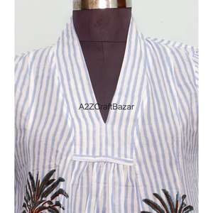 Vestido maxi de algodón 100% puro con estampado floral hecho a mano, manga larga, cuello en V, informal, ecológico, para verano, para mujer. - Product Image 3