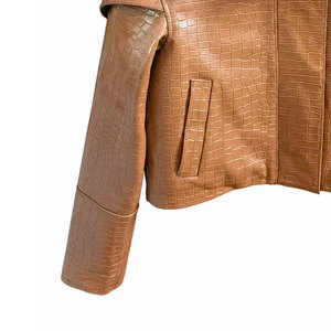 Veste moto en cuir gaufré croco pour femme, col rabattu, manches longues, coupe courte, style hiver - Product Image 2