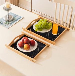 Set 2 Rattan Wood Kitchen <b>Storage</b> Trays Rectangle Polished Finish Dishwasher Safe <b>Table</b> Use Food Drink Serving Multifunctional - Product Image 1