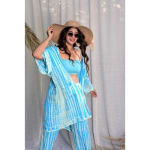 Kimono Elegante para Mujer con Estampado Tie Dye Azul y Blanco, con Frente Abierto, Pantalones Anchos Cómodos con Cintura Elástica, 100% Algodón - Product Image 2