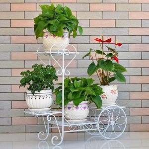 Modern White <b>Metal</b> Flower <b>Stand</b> With Wheels For Indoor <b>Plants</b> Decorative <b>Plant</b> Holder With Three Tiers Powder Coated Finish - Product Image 4