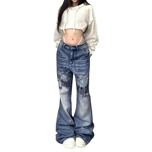 Women's High Waisted Denim Jeans Casual Style Blue Color Breathable Fabric Pockets Front Design Winter Hooded Collar <b>Zippers</b> - Product Image 2