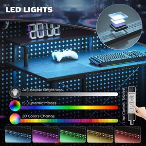 Scrivania per Computer Reversibile Nera Effetto Invecchiato da 55 Pollici con Spazio di Archiviazione, Luci LED Durevoli e Prese di Corrente per Camera da Letto - Product Image 5