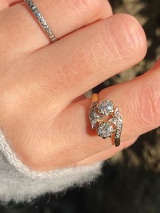 แหวนเพชรโบราณ ทองคำแท้ 14K/18K เพชรเจียระไนแบบโบราณ ดีไซน์ Toi Et Moi แหวนเพชรแบบพิเศษ เพชรเพาะเลี้ยงในห้องปฏิบัติการ สี D ความใส VVS แหวนสั่งทำพิเศษ - Product Image 6