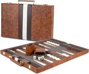 Leather Backgammon Board Game <b>Set</b> Foldable Travel Case with Dice and Checkers Brown and White Design - Product Image 2