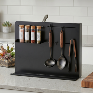 Minimalist Metal Kitchen Organizer Spice <b>Rack</b> With Utensil Holder Rectangle Shape Black Matte Finish - Product Image 1