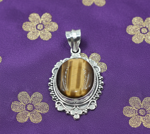 จี้หินไทเกอร์อายธรรมชาติ เงินแท้ 925 งานแฮนด์เมด สไตล์วินเทจ สำหรับผู้หญิง ดีไซน์ทรงรีแบบคาโบชอง - Product Image 5