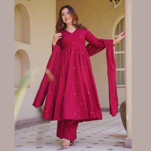 Traje Anarkali de seda romana de diseño elegante con pantalón palazzo y dupatta de seda Chanderi bordada, ropa de fiesta para mujer, Aarika Textile - Product Image 1