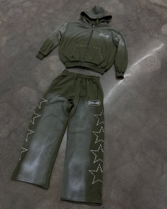 Custom Stellar Olive Green Hooded Tracksuit Set Full Length Zipper Front Stars Rhinestone Outdoor Fashion Tracksuit for Adults - Product Image 1