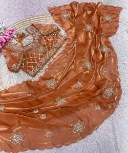 Sari de seda satinada suave de diseñador Fendi con bordado a mano y blusa con borde de arco y costuras 85598 Maruti Fab Jalpa - Product Image 3